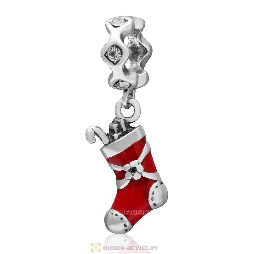 925 Sterling Silver Red Enamel Christmas Stocking Charm with Clear Crystal