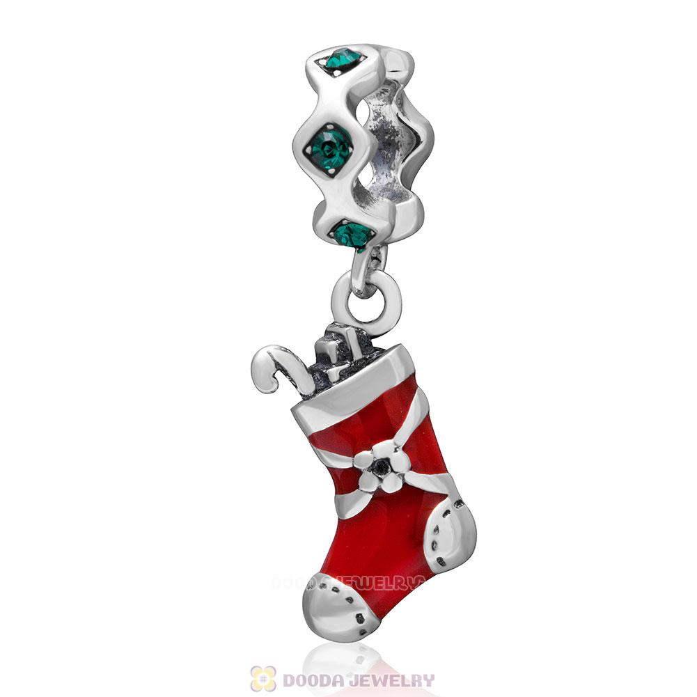 925 Sterling Silver Red Enamel Christmas Stocking Charm with Emerald Crystal