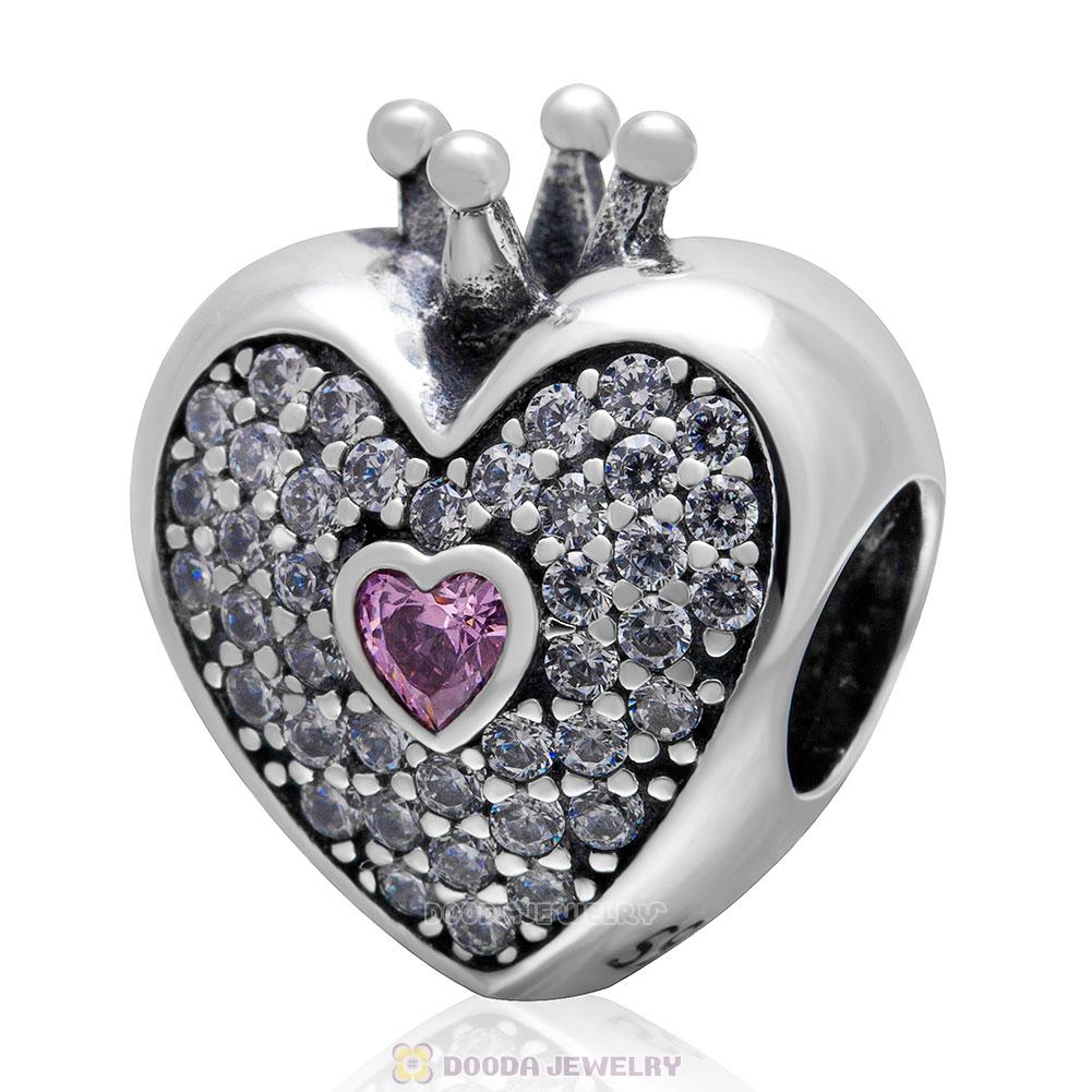 925 Sterling Silver Heart with Crown Charm Bead with Stone