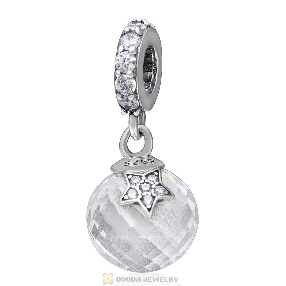 925 Sterling Silver Dangle Moon and Star with Clear Cz Charm