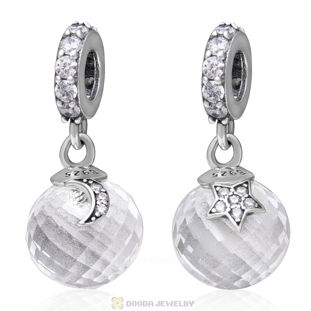 925 Sterling Silver Dangle Moon and Star with Clear Cz Charm