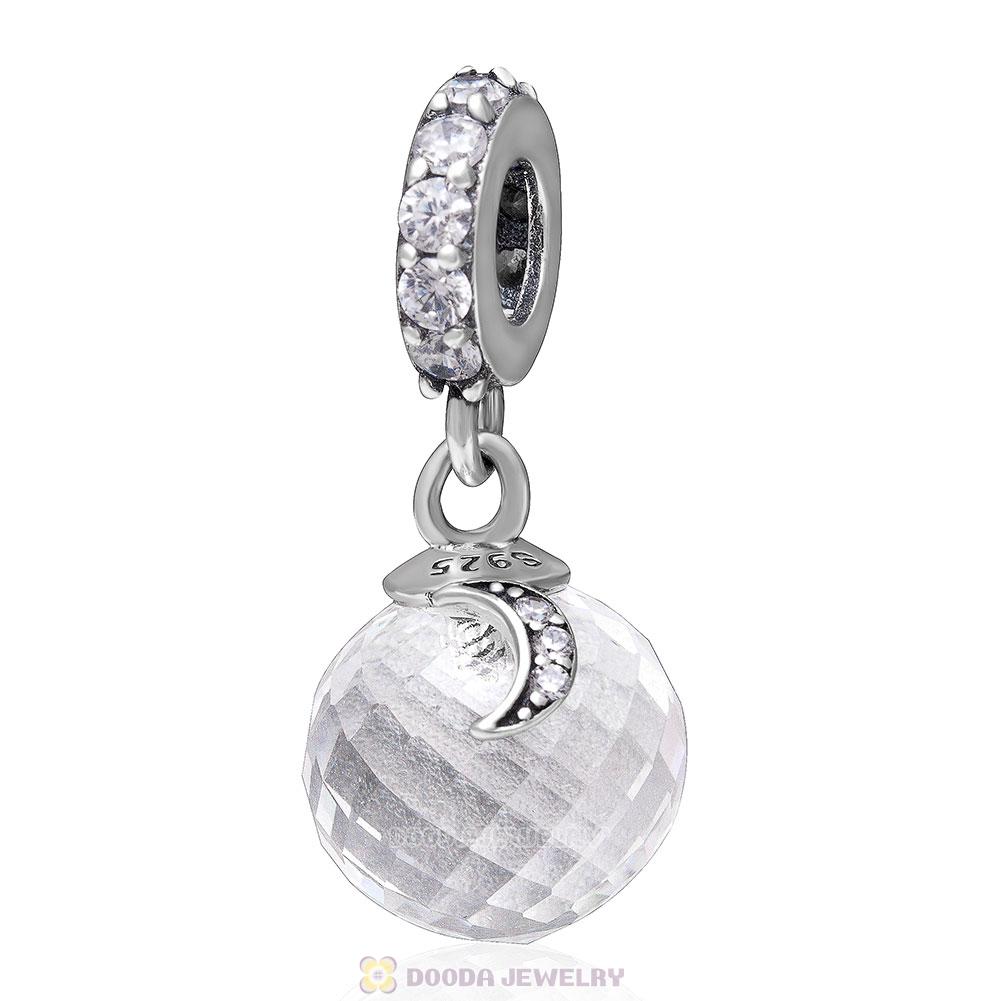925 Sterling Silver Dangle Moon and Star with Clear Cz Charm