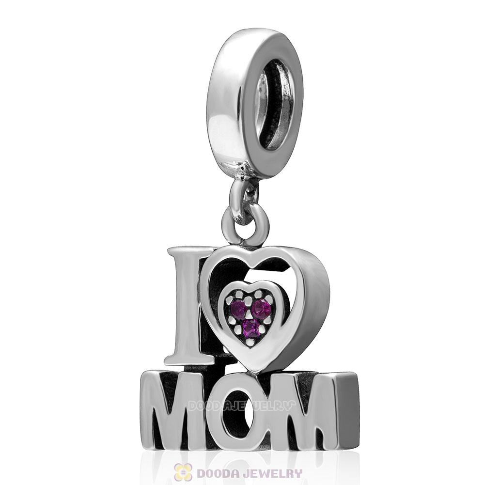 925 Sterling Silver I Love Mom Pendant Charm with Fuchsia Stone