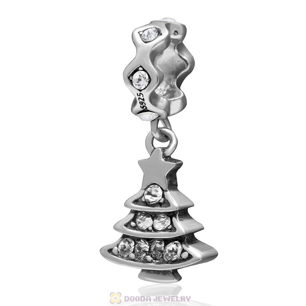 925 Sterling Silver Merry Christmas Tree Dangle Charm with Clear Crystal