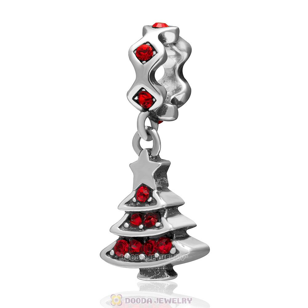 925 Sterling Silver Merry Christmas Tree Dangle Charm with Lt Siam Crystal