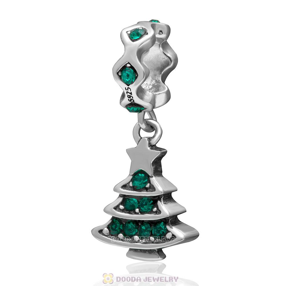 925 Sterling Silver Merry Christmas Tree Dangle Charm with Emerald Crystal