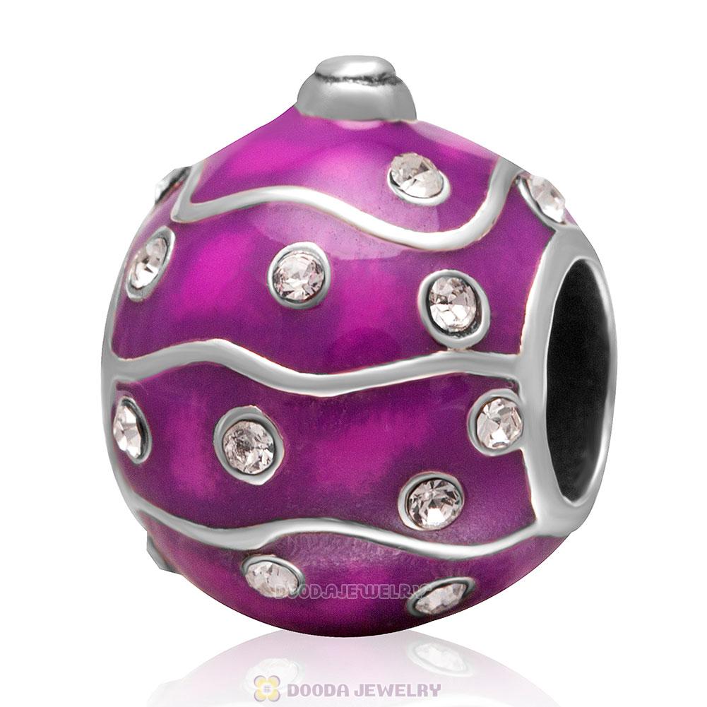 925 Sterling Silver Merry Christmas Ball Enamel Charm Bead with Clear Crystal