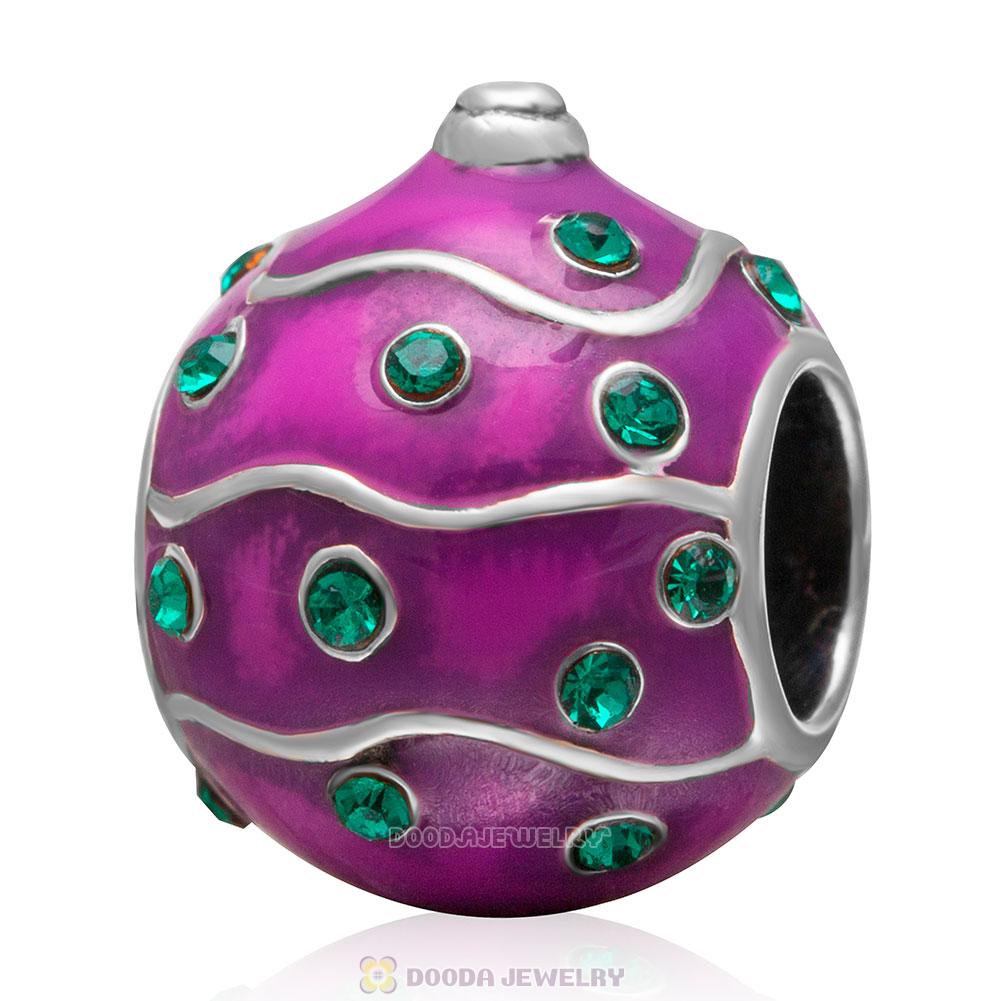 925 Sterling Silver Merry Christmas Ball Enamel Charm Bead with Emerald Crystal