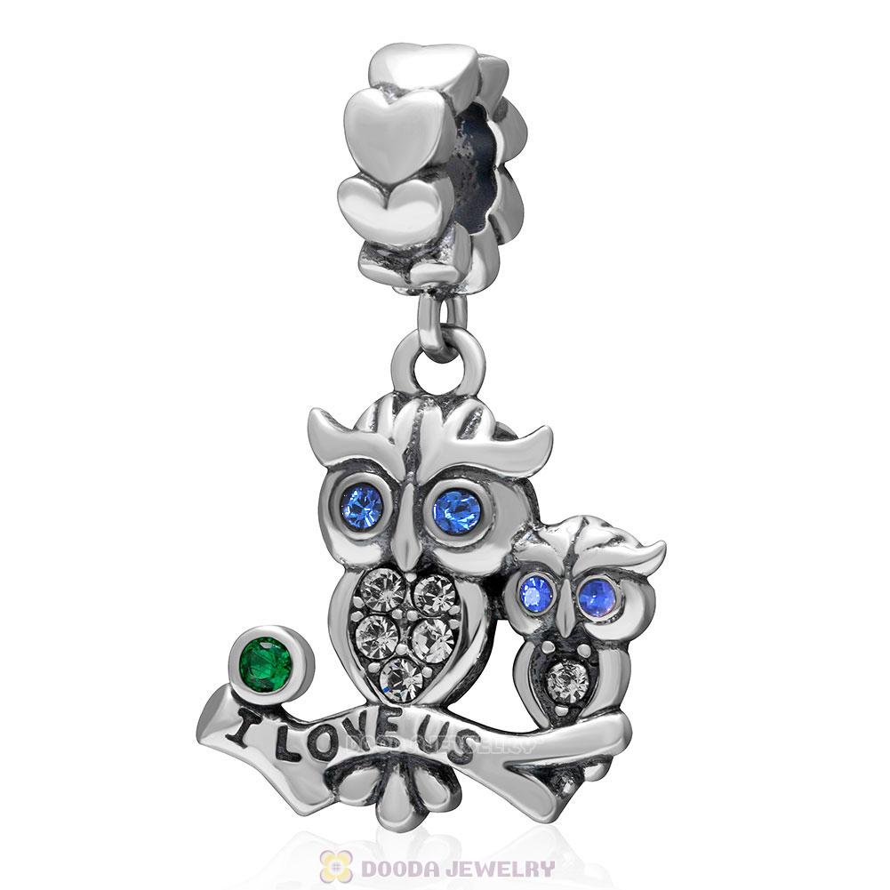 925 Sterling Silver I Love Us Owl Dangle Charm Bead with Sapphire Crystal
