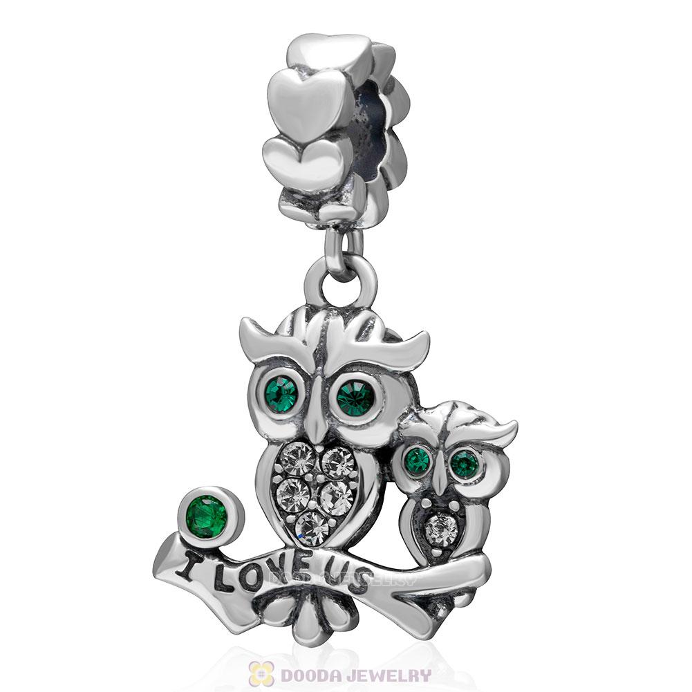 925 Sterling Silver I Love Us Owl Dangle Charm Bead with Emerald Crystal