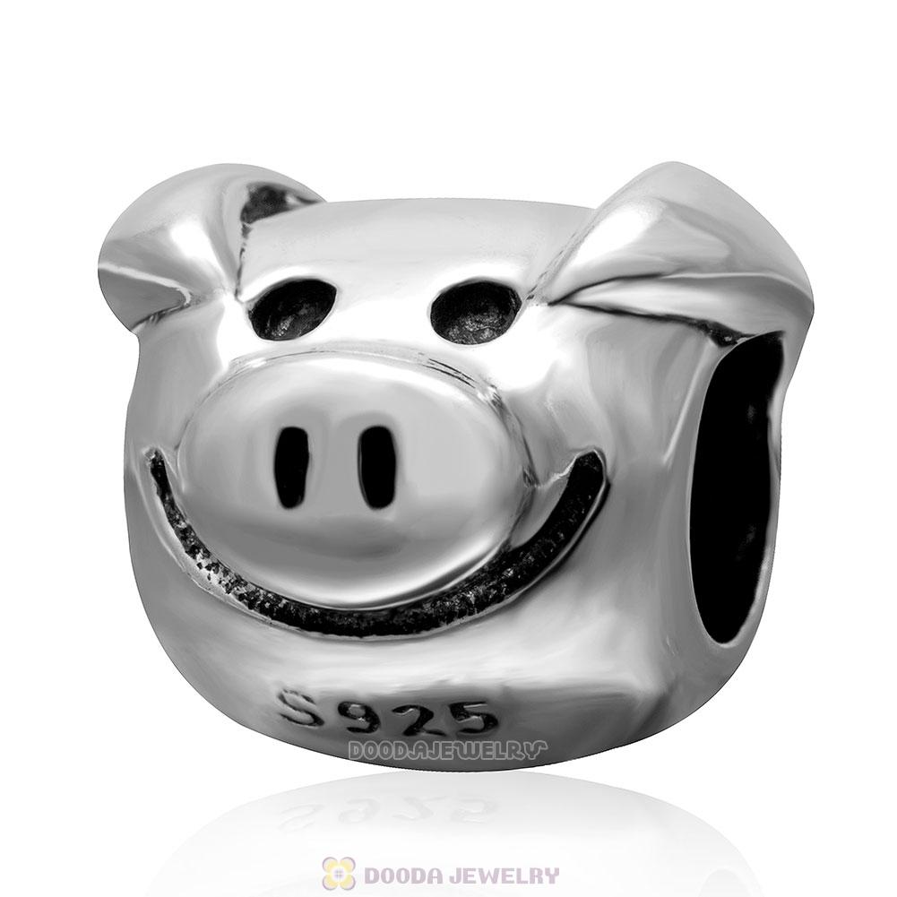 925 Sterling Silver Playful Pig Charm Bead 