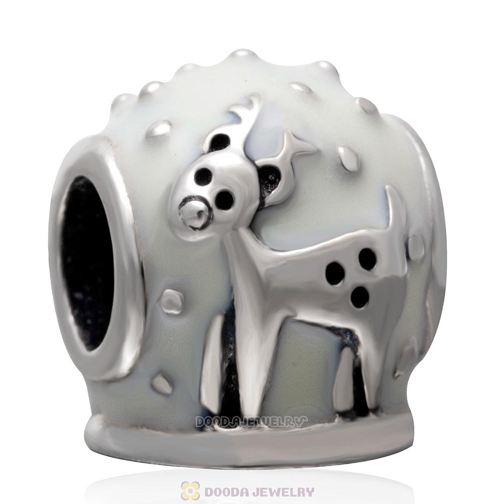 925 Sterling Silver Merry Christmas Reindeer White Enamel Charm Bead