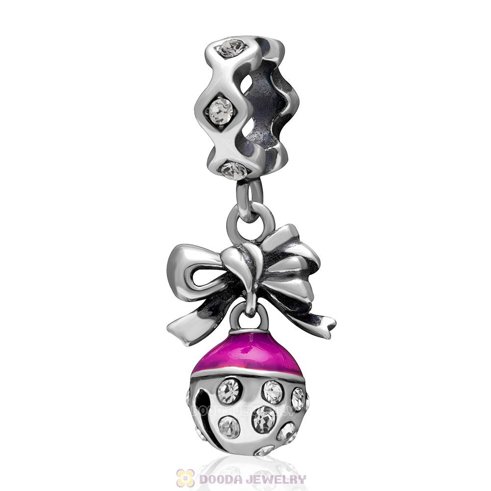 925 Sterling Silver Merry Christmas Bell Enamel Charm with Clear Crystal