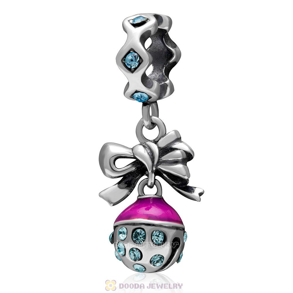 925 Sterling Silver Merry Christmas Bell Enamel Charm with Aquamarine Crystal