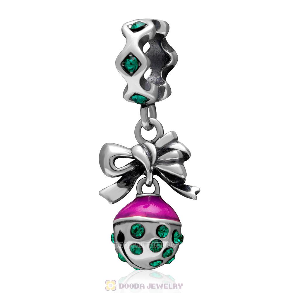 925 Sterling Silver Merry Christmas Bell Enamel Charm with Emerald Crystal
