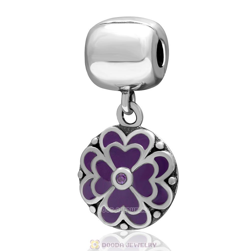 925 Sterling Silve Purple Enamel Clover Dangle Clip Bead with Purple CZ
