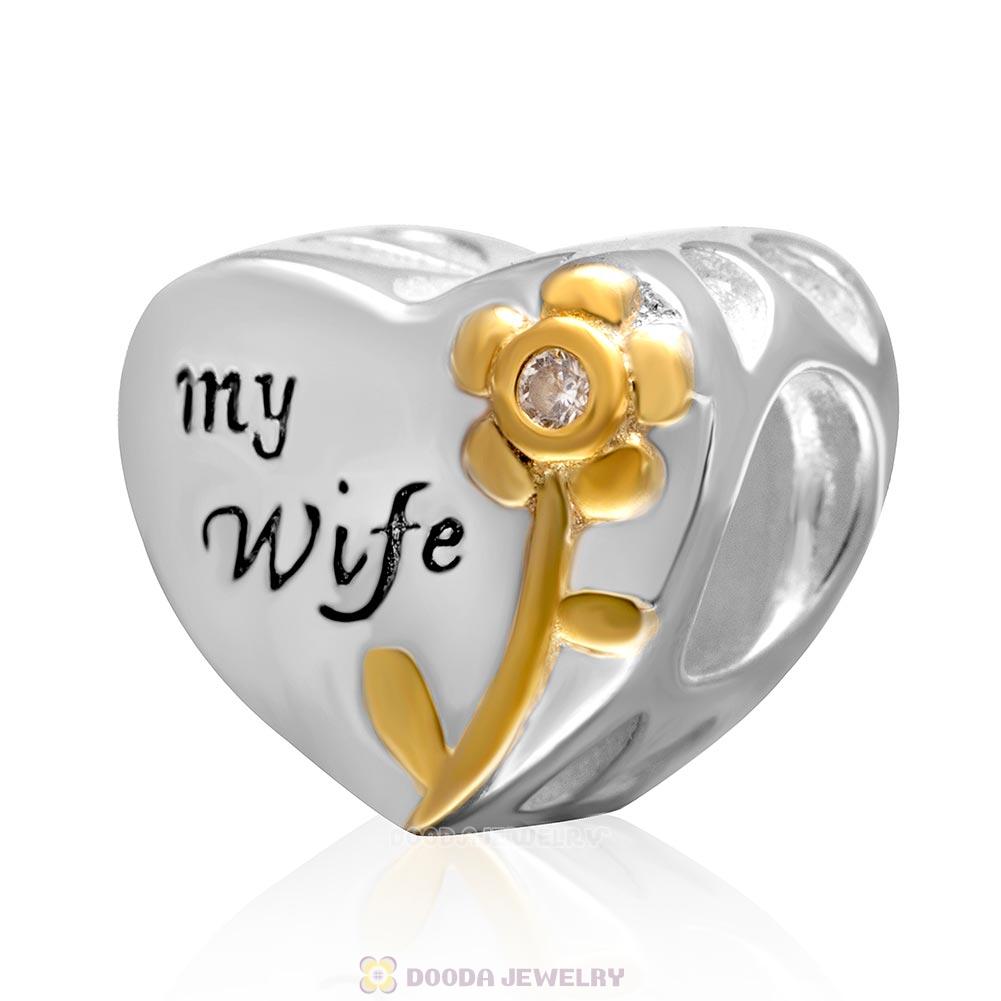Gold Plated Flower 925 Sterling Silver Love My Wife Heart Bead