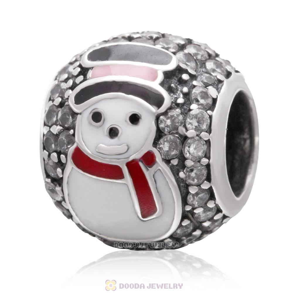 925 Sterling Silver Christmas Snowman Charm Bead with Clear Zircon Stones