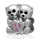 925 Sterling Silver Bear Hug Pink Heart Charm with Stone