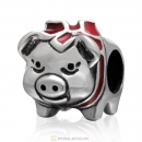 925 Sterling Silver Cute Pig with Red Bow Charm Bead 