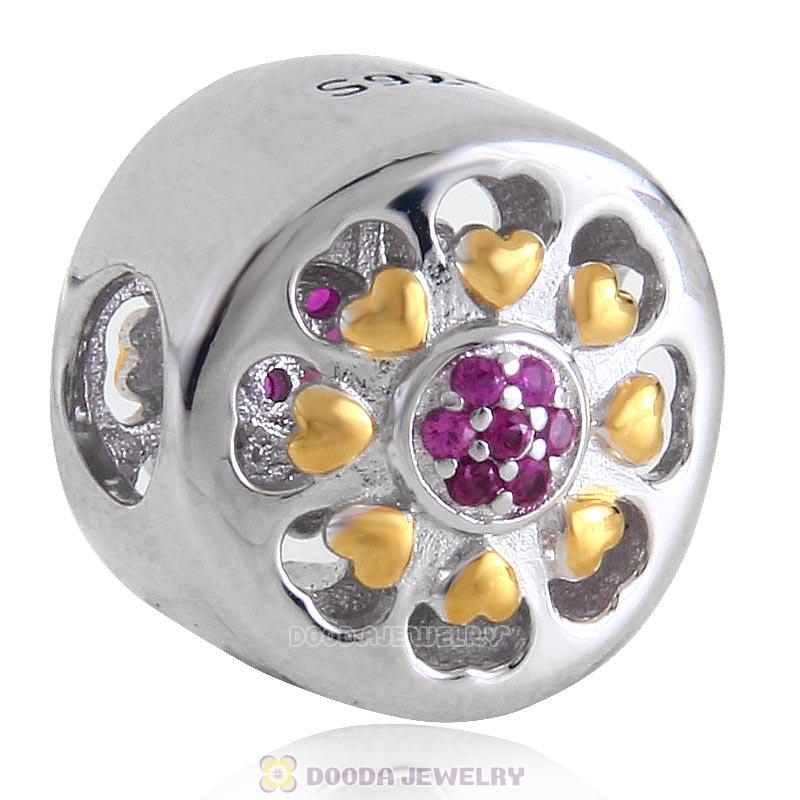 Fuchsia Stone 925 Sterling Silver with Gold Plated Love Charm Bead