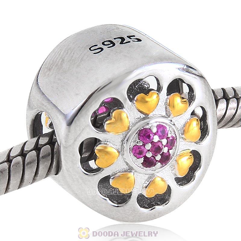 Fuchsia Stone 925 Sterling Silver with Gold Plated Love Charm Bead
