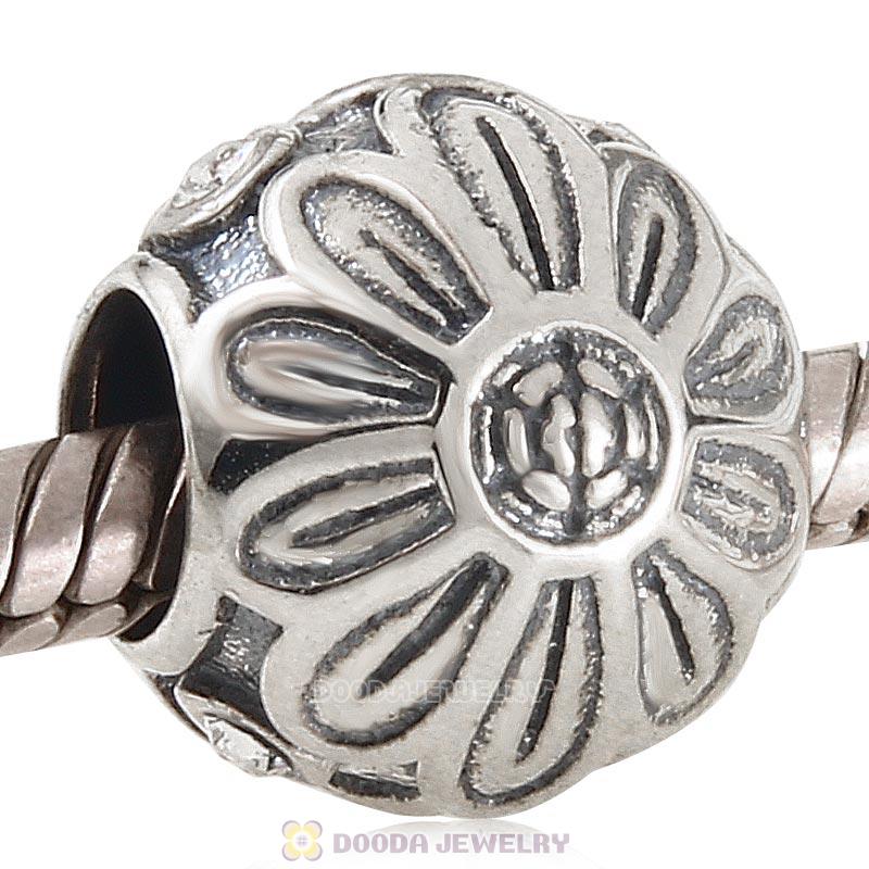 925 Sterling Silver Pink Daisy Flower Charm Bead with Clear Crystal
