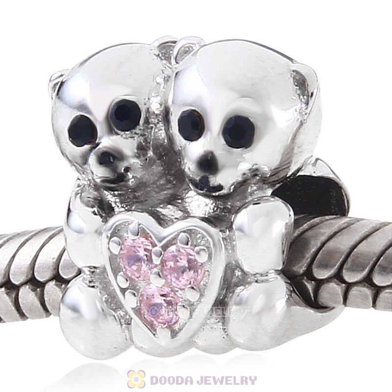 925 Sterling Silver Bear Hug Pink Heart Charm with Stone