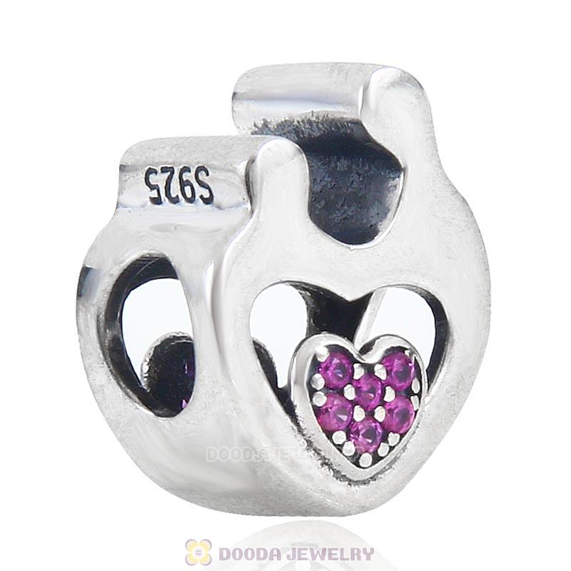 925 Sterling Silver Mother Child Love Charm with Fuchsia Stone