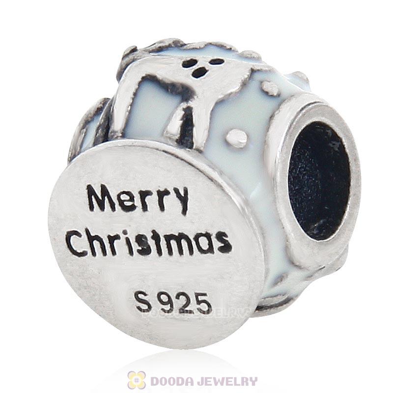 925 Sterling Silver Merry Christmas Reindeer White Enamel Charm Bead 