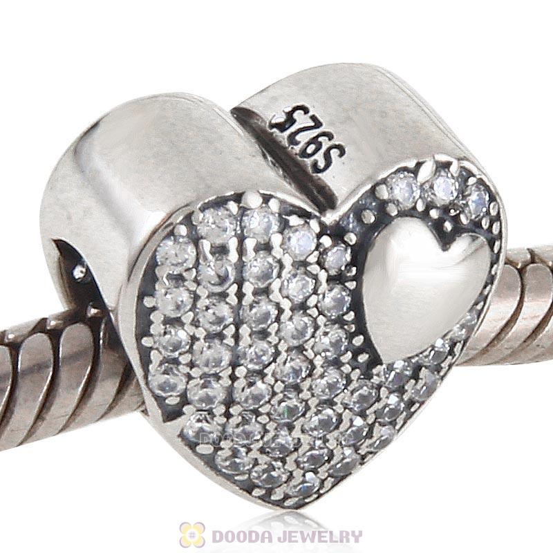 925 Sterling Silver Love Heart Charm Bead with Pave Clear Cz