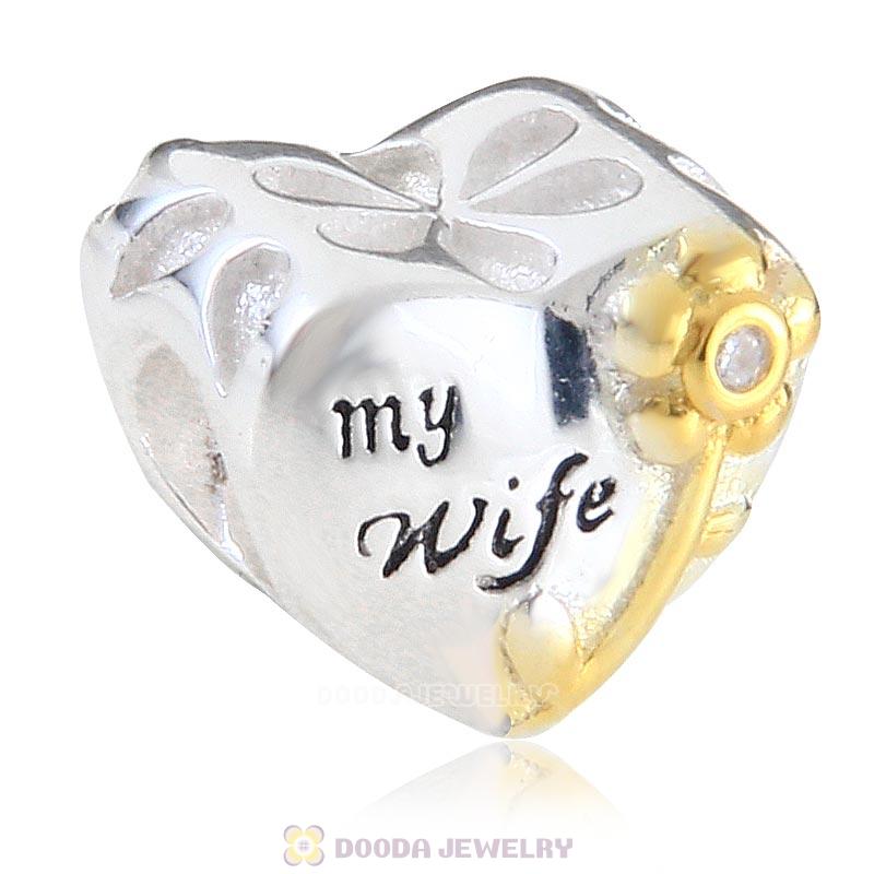 Gold Plated Flower 925 Sterling Silver Love My Wife Heart Bead