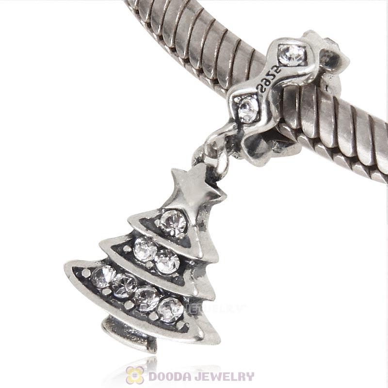 925 Sterling Silver Merry Christmas Tree Dangle Charm with Clear Crystal