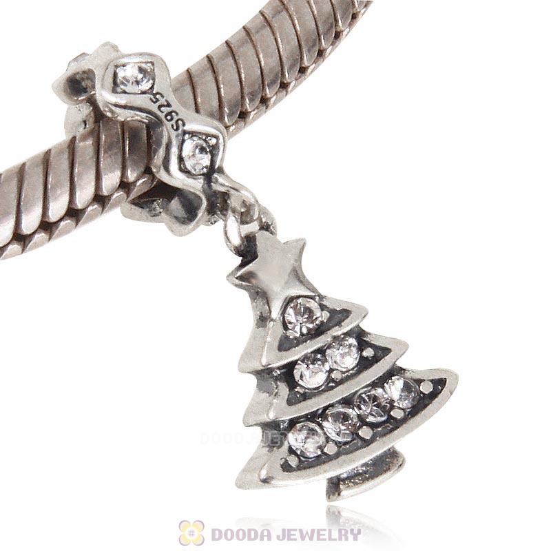 925 Sterling Silver Merry Christmas Tree Dangle Charm with Clear Crystal