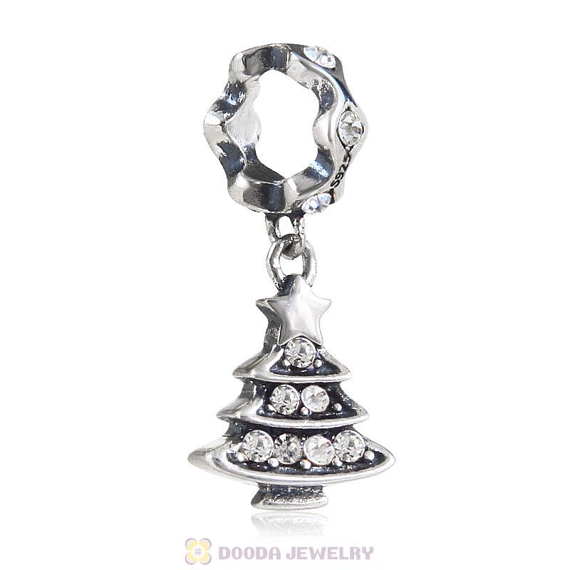 925 Sterling Silver Merry Christmas Tree Dangle Charm with Clear Crystal
