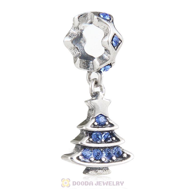 925 Sterling Silver Merry Christmas Tree Dangle Charm with Sapphire Crystal