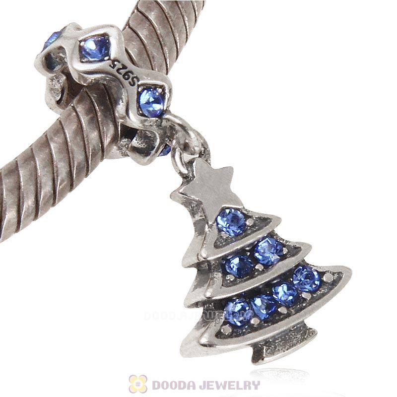 925 Sterling Silver Merry Christmas Tree Dangle Charm with Sapphire Crystal