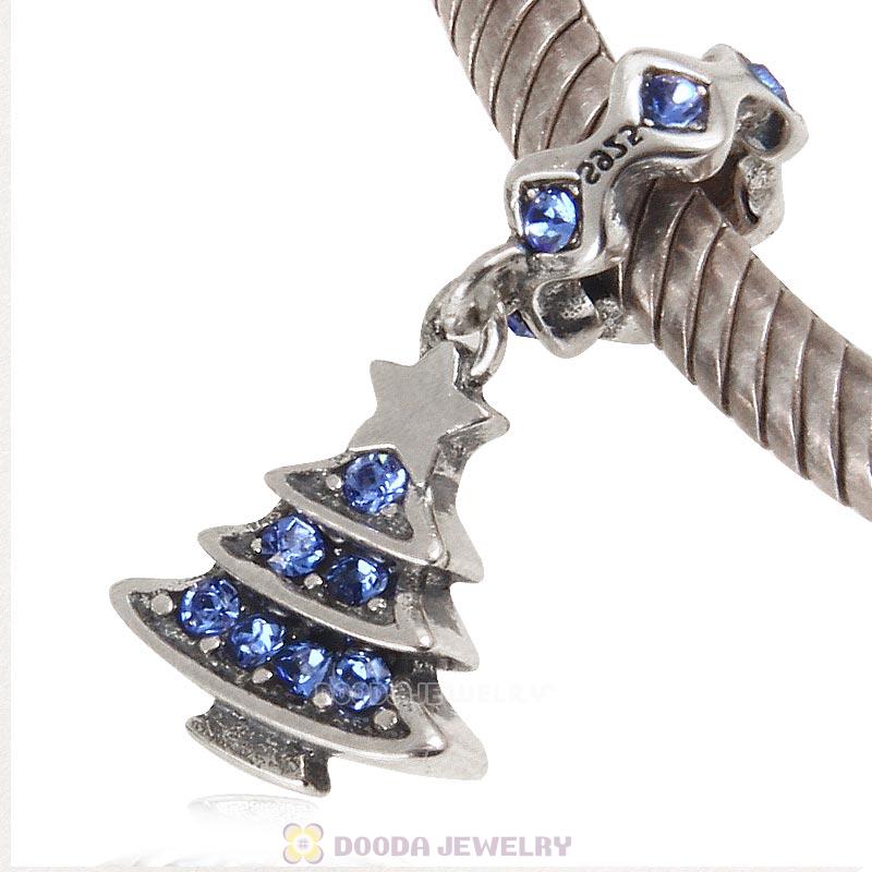 925 Sterling Silver Merry Christmas Tree Dangle Charm with Sapphire Crystal