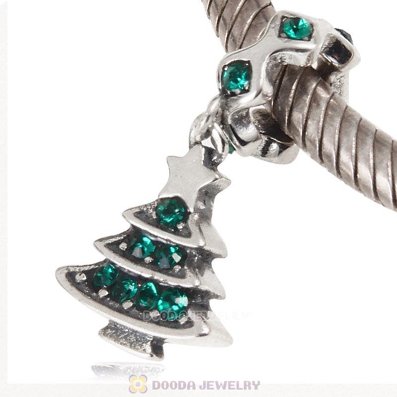 925 Sterling Silver Merry Christmas Tree Dangle Charm with Emerald Crystal