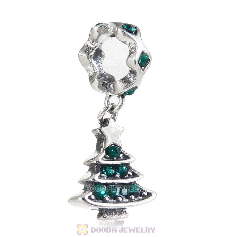 925 Sterling Silver Merry Christmas Tree Dangle Charm with Emerald Crystal