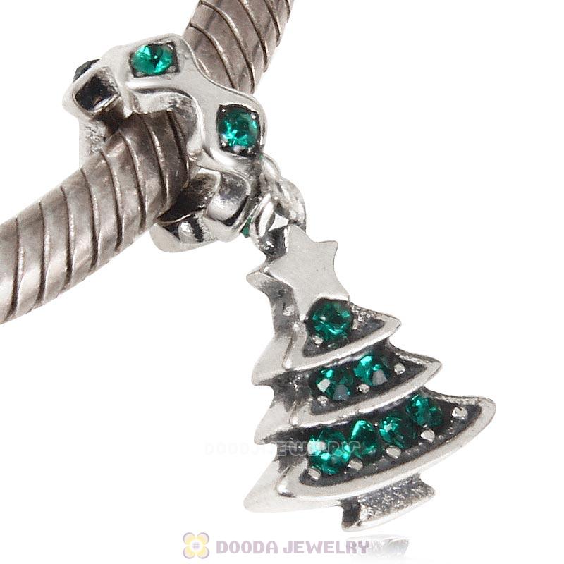 925 Sterling Silver Merry Christmas Tree Dangle Charm with Emerald Crystal