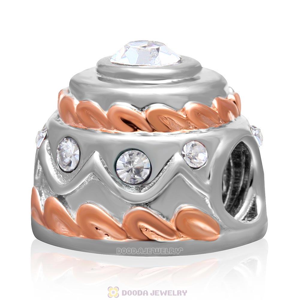 925 Sterling Silver Rose Gold Birthday Cake Charm Bead with Clear Crystal  