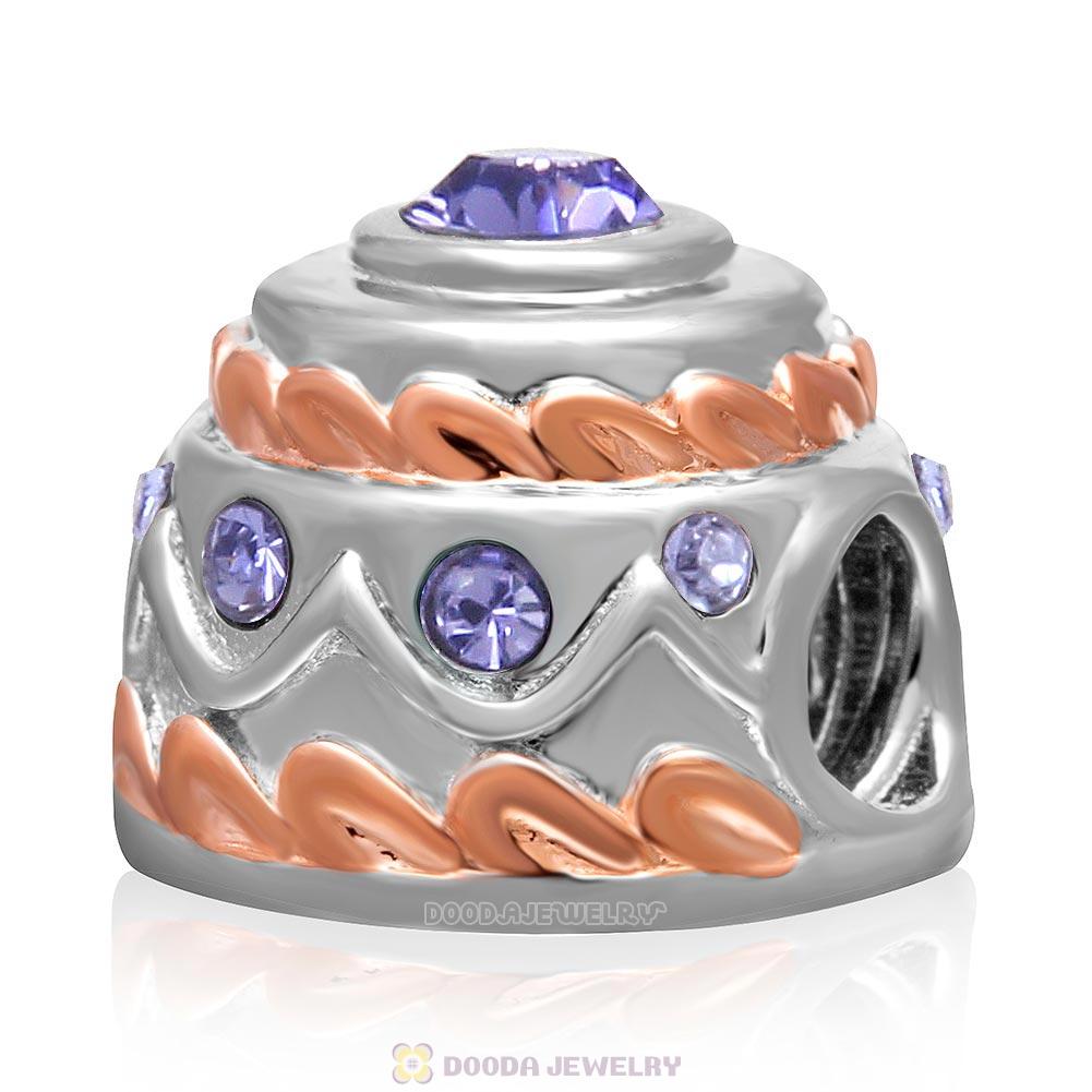 925 Sterling Silver Rose Gold Birthday Cake Charm Bead with Tanzanite Crystal  
