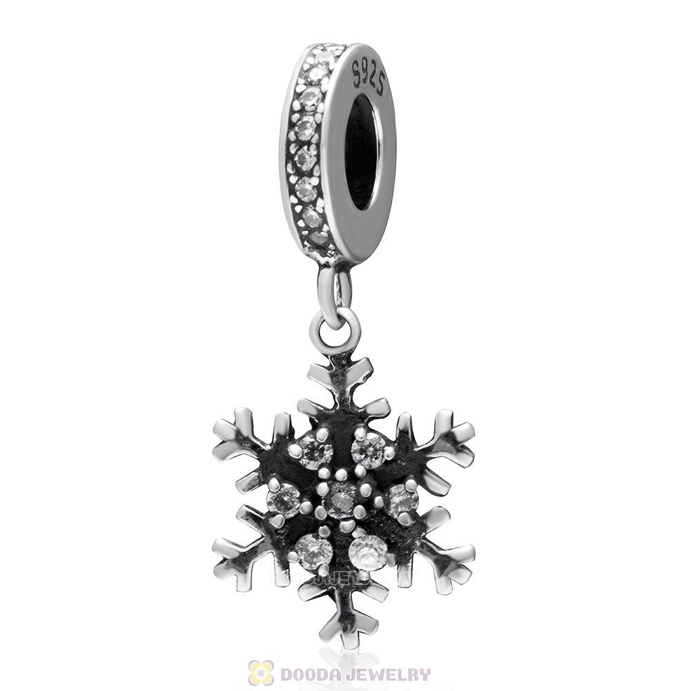 925 Sterling Silver Winter Snowflake Dangle Charm with Clear Cz