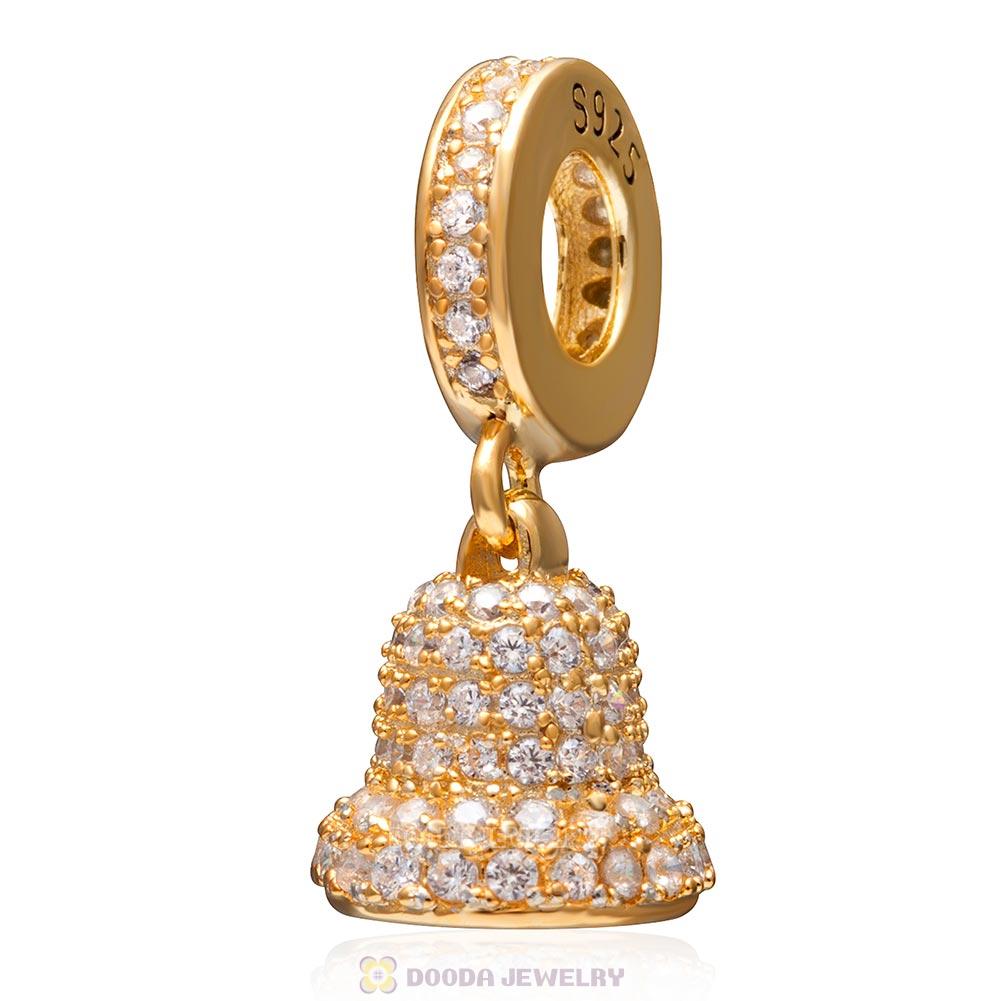 925 Sterling Silver Gold Plated Christmas Bell Dangle Charm with Clear Cz