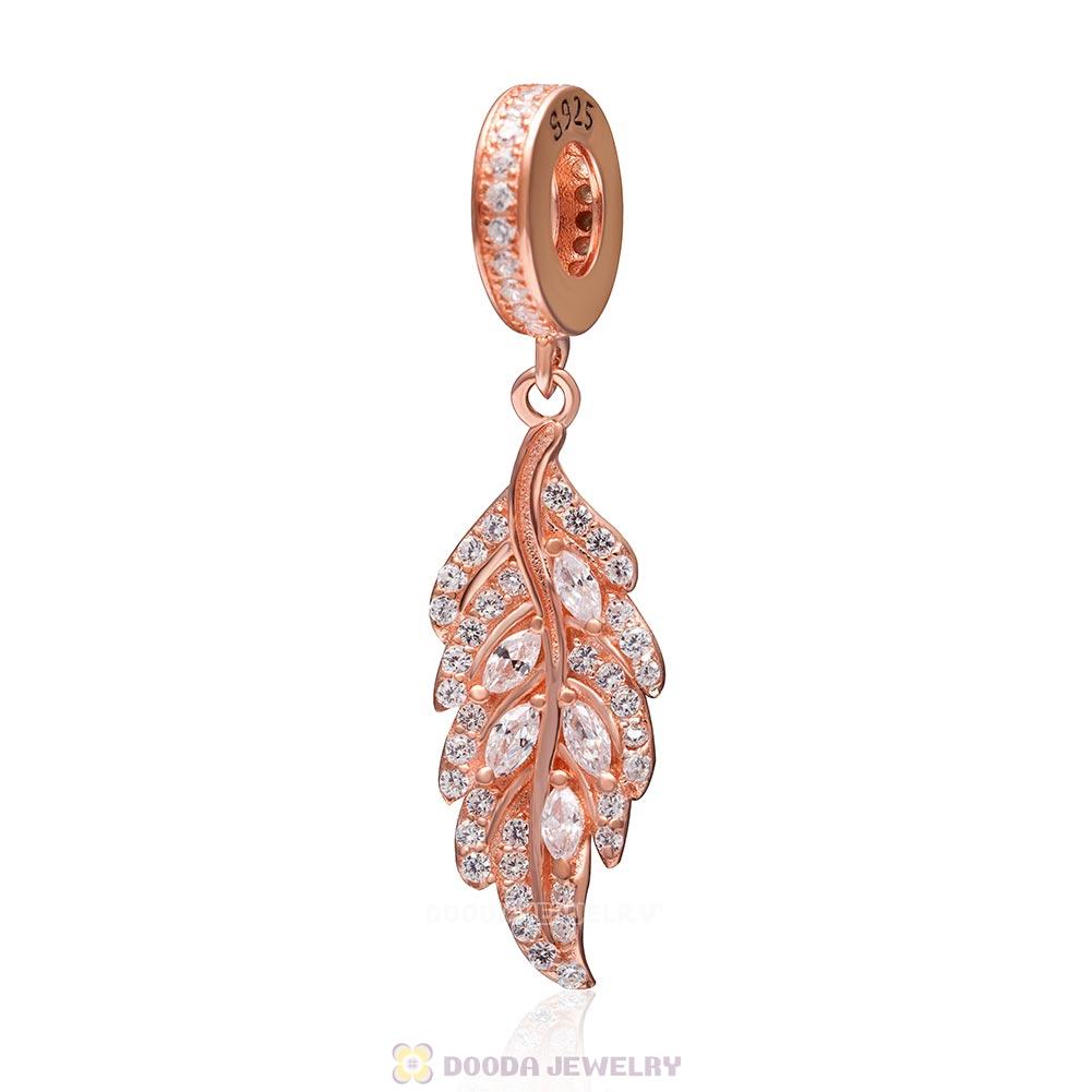 925 Sterling Silver Rose Gold Charm Feather Dangle Pendant