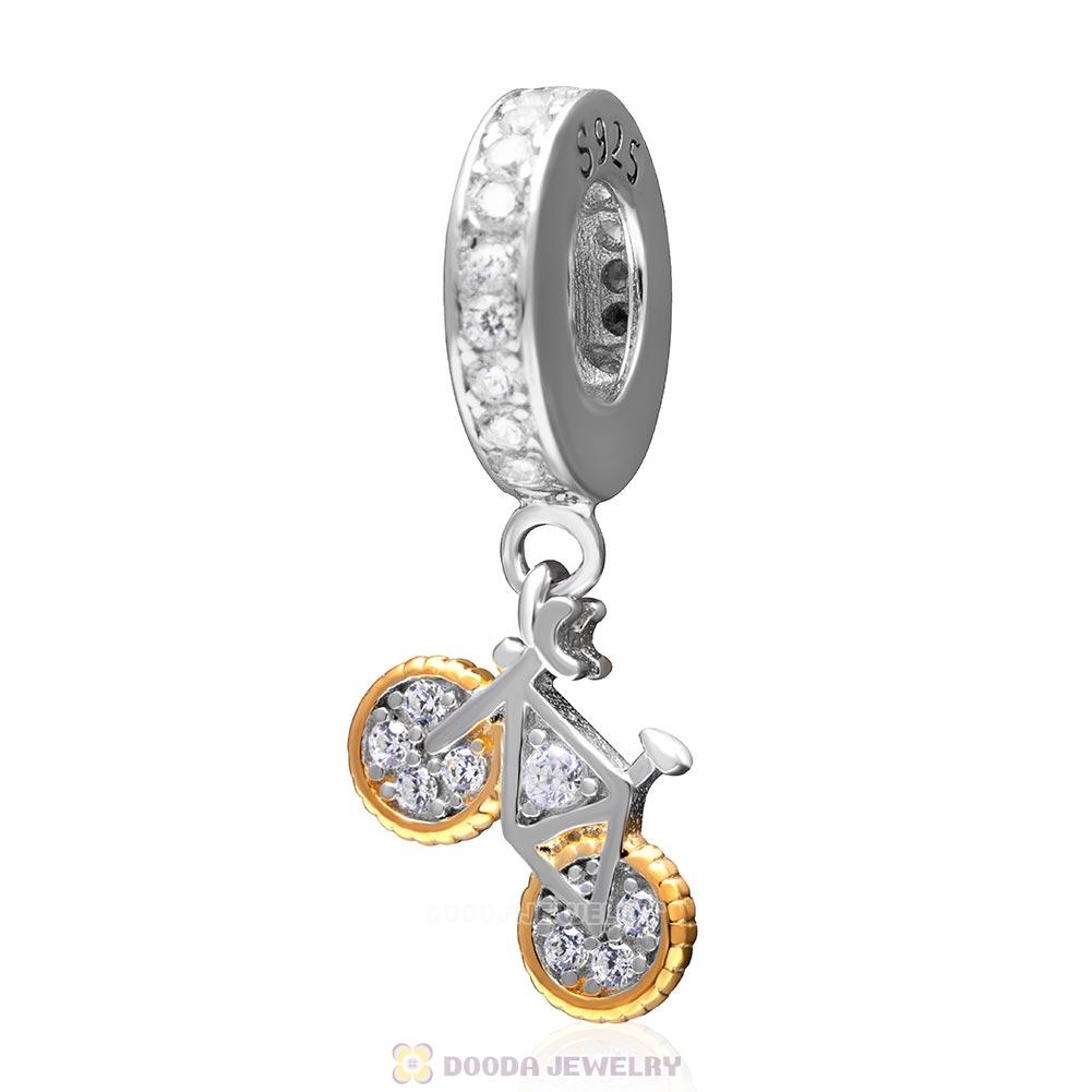 925 Sterling Silver Bike Dangle Bead with Gold Plated and Clear CZ