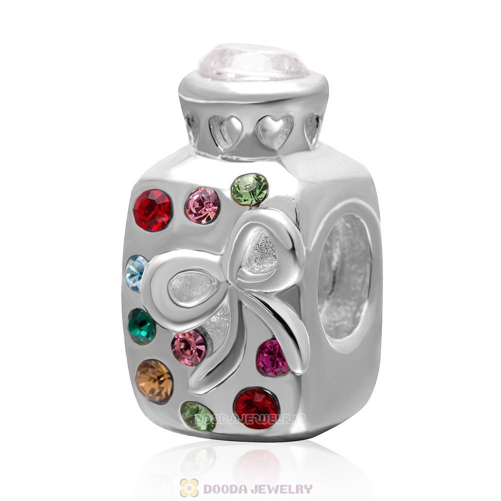 925 Sterling Silver Wish Love Bottle Charm Bead with Colorful Crystal  