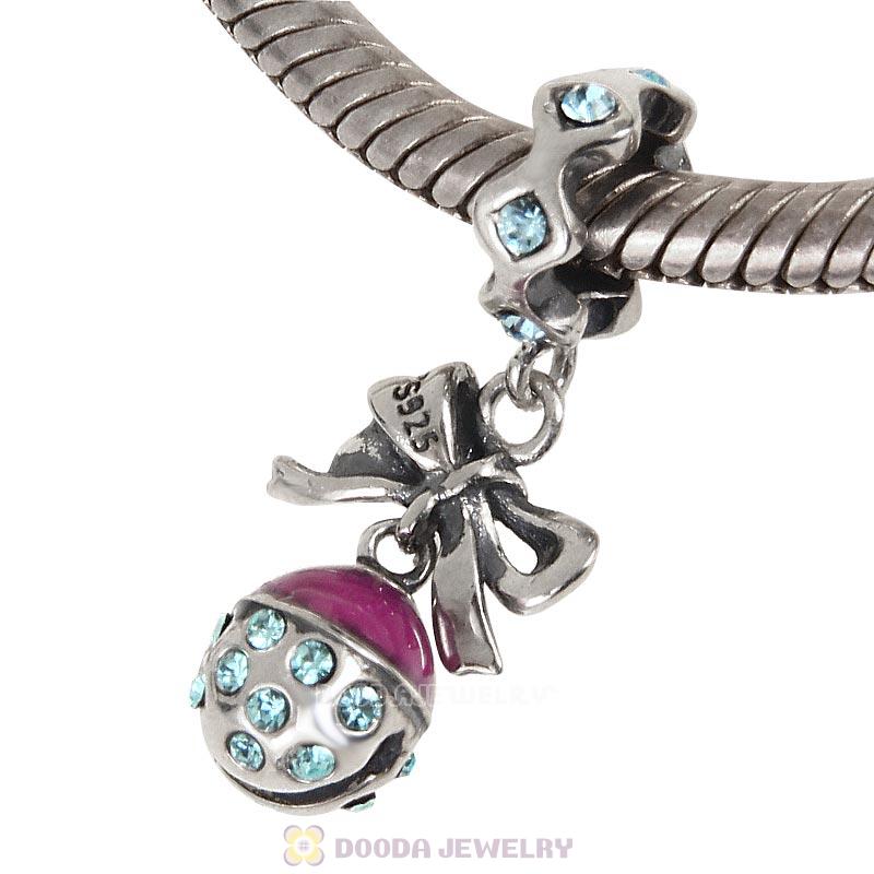 925 Sterling Silver Merry Christmas Bell Enamel Charm with Aquamarine Crystal