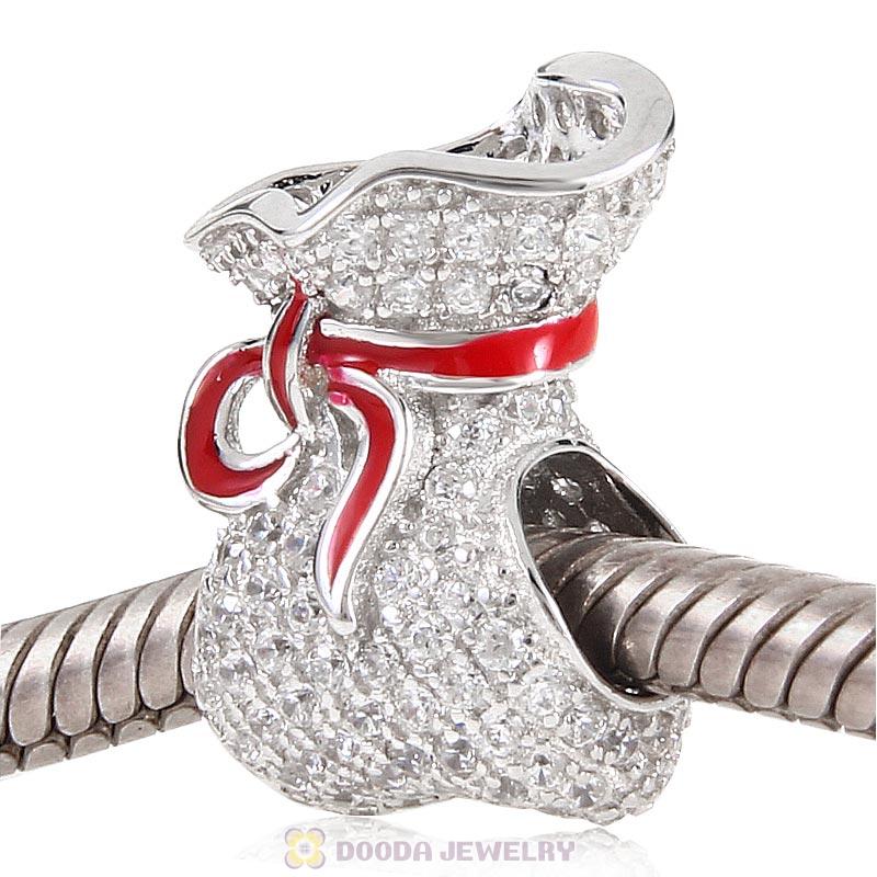 925 Sterling Silver Sparkling Bag Charm with Red Ribbon Bead